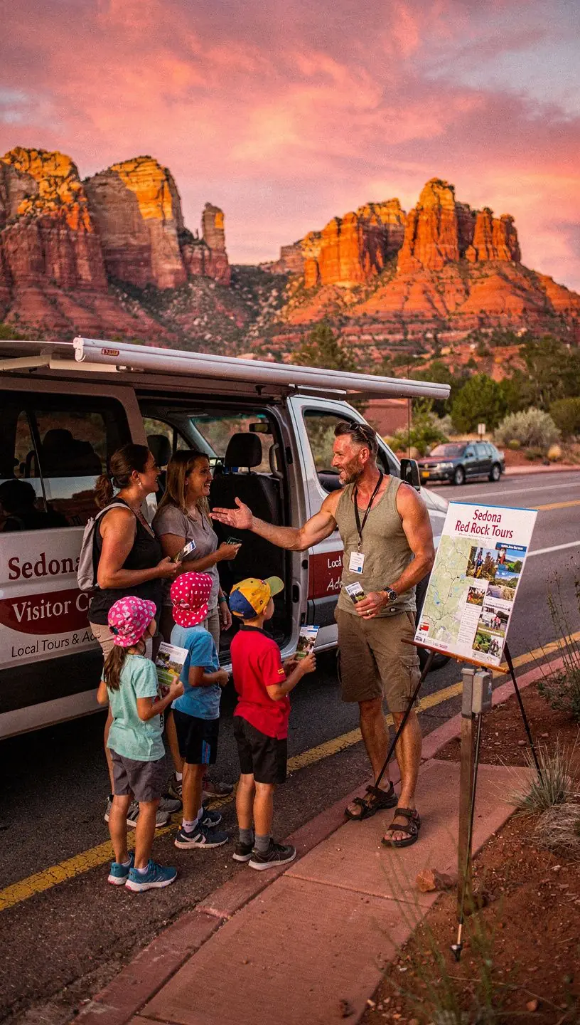 Общий вид переоборудованного мобильного центра с открытыми дверями и демонстрацией туристических услуг.